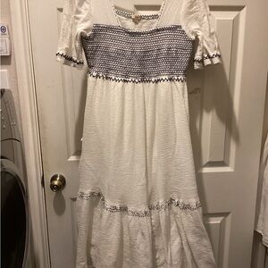 Reba White and Navy Midi Dress